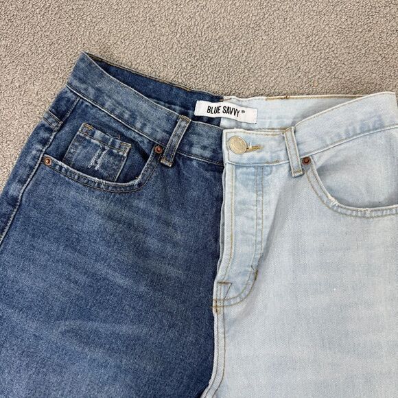 Blue Savvy Two Tone High Rise Mom Jeans Blue Juniors 5 27 Straight Leg Button - Picture 4 of 13